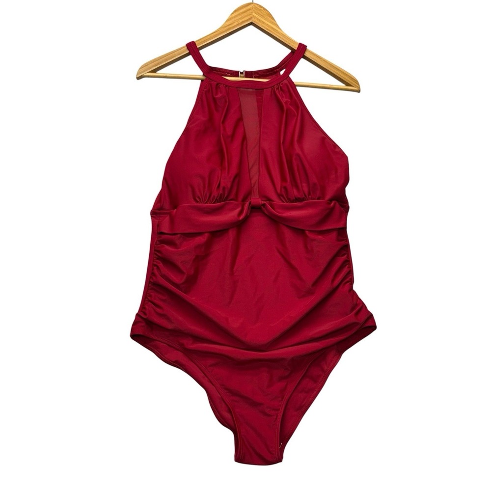 Tempt Me Womens Swimsuit XL Red Plunge High Neck Ruched One Piece Swim